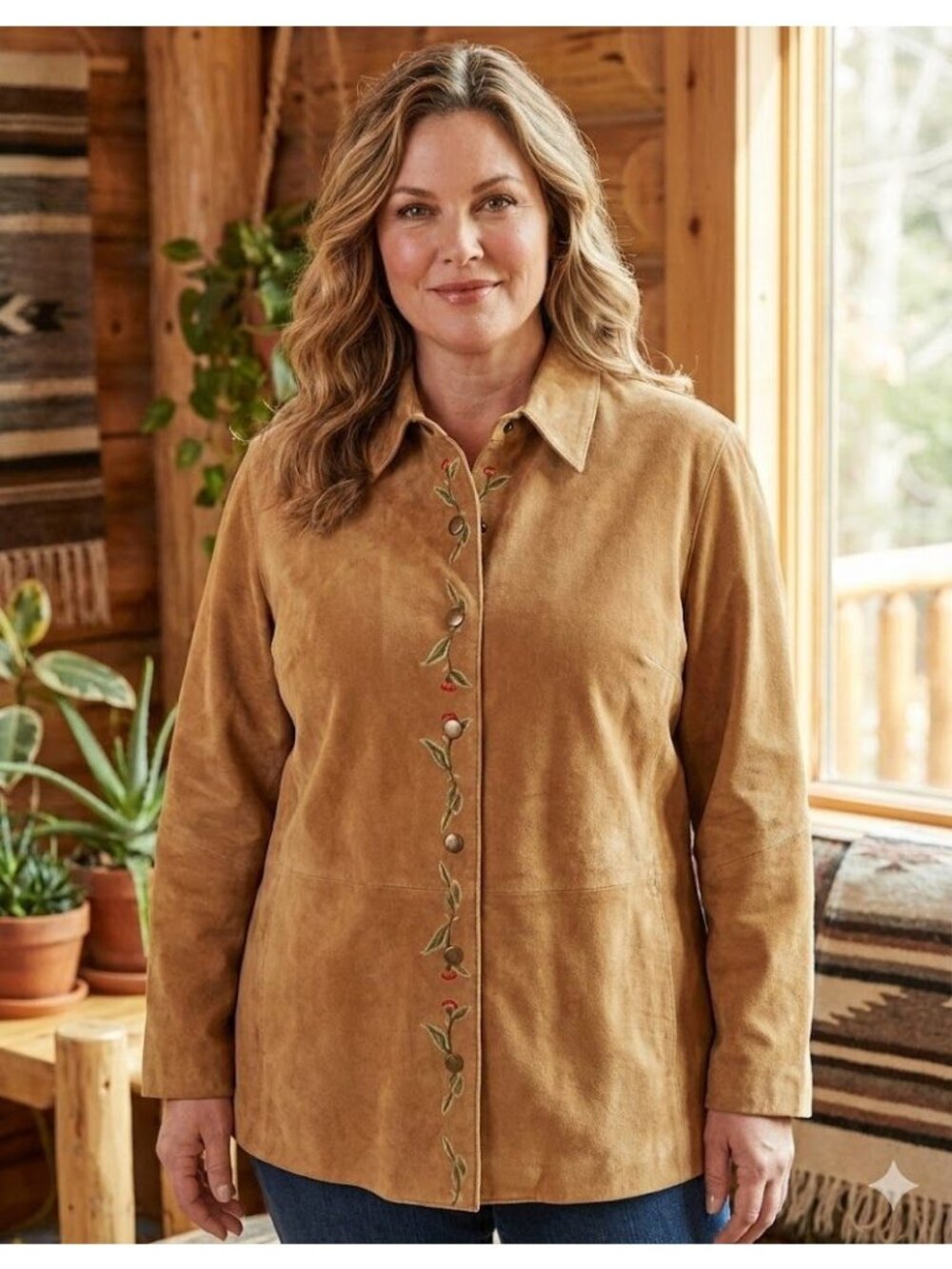 Coldwater Creek Suede Jacket Embroidered Floral Brown Leather Western Boho XL 2X